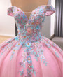 Pink Tulle Off the Shoulder Appliques Beading Prom Dress