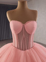 Pink Ball Gown Strapless Tulle Beading Prom Dress