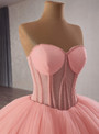 Pink Ball Gown Strapless Tulle Beading Prom Dress