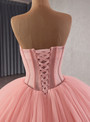 Pink Ball Gown Strapless Tulle Beading Prom Dress