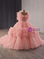 Pink Ball Gown Strapless Tulle Beading Prom Dress