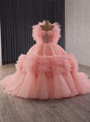 Pink Ball Gown Strapless Tulle Beading Prom Dress