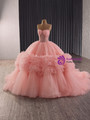 Pink Ball Gown Strapless Tulle Beading Prom Dress