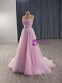 Pink Tulle Strapless Appliques Beading Prom Dress