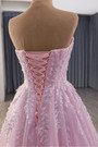 Pink Tulle Strapless Appliques Beading Prom Dress