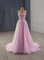 Pink Tulle Strapless Appliques Beading Prom Dress