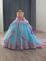 Blue Ball Gown Tulle Pink Appliques Prom Dress
