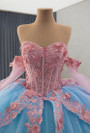 Blue Ball Gown Tulle Pink Appliques Prom Dress