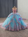 Blue Ball Gown Tulle Pink Appliques Prom Dress