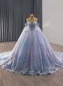 Blue Tulle Butterfly Appliques Pleats Prom Dress