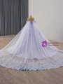 Blue Tulle Butterfly Appliques Pleats Prom Dress