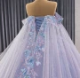 Blue Tulle Butterfly Appliques Pleats Prom Dress