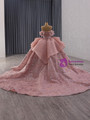 Pink Sequins Ball Gown Pearls Prom Dress