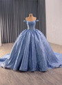 Blue Tulle Sequins Off the Shoulder Prom Dress