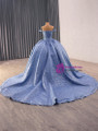 Blue Tulle Sequins Off the Shoulder Prom Dress