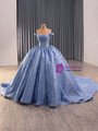 Blue Tulle Sequins Off the Shoulder Prom Dress