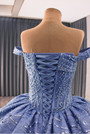 Blue Tulle Sequins Off the Shoulder Prom Dress