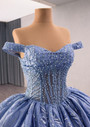 Blue Tulle Sequins Off the Shoulder Prom Dress