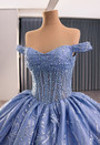 Blue Tulle Sequins Off the Shoulder Prom Dress
