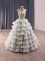 Blue Gray Tulle Tiers Spaghetti Straps Pleats Prom Dress
