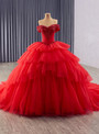 Red Tulle Ball Gown Tiers Sequins Prom Dress