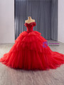 Red Tulle Ball Gown Tiers Sequins Prom Dress