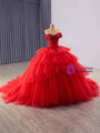 Red Tulle Ball Gown Tiers Sequins Prom Dress