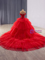 Red Tulle Ball Gown Tiers Sequins Prom Dress