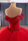 Red Tulle Ball Gown Tiers Sequins Prom Dress