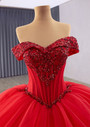 Red Tulle Ball Gown Tiers Sequins Prom Dress