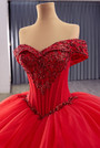 Red Tulle Ball Gown Tiers Sequins Prom Dress