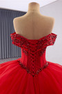Red Tulle Ball Gown Tiers Sequins Prom Dress