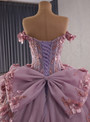 Pink Ball Gown Tulle Off the Shoulder 3D Flower Pearls Prom Dress