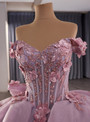 Pink Ball Gown Tulle Off the Shoulder 3D Flower Pearls Prom Dress
