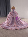 Pink Ball Gown Tulle Off the Shoulder 3D Flower Pearls Prom Dress