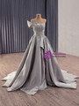 Gray Satin Pleats Beading Crystal Prom Dress