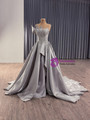 Gray Satin Pleats Beading Crystal Prom Dress
