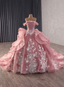 Pink Tulle 3D Appliques Beading Prom Dress