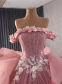 Pink Tulle 3D Appliques Beading Prom Dress