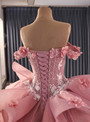 Pink Tulle 3D Appliques Beading Prom Dress