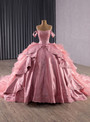 Pink Ball Gown Satin Organza Appliques Prom Dress