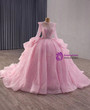 Pink Ball Gown Tulle Sequins Long Sleeve Prom Dress