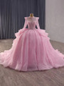 Pink Ball Gown Tulle Sequins Long Sleeve Prom Dress