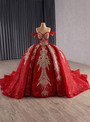 Red Sequins Off the Shoulder Prom Dress
