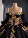 Black Tulle Long Sleeve Sequins Appliques Prom Dress