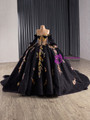 Black Tulle Long Sleeve Sequins Appliques Prom Dress