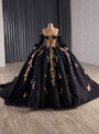 Black Tulle Long Sleeve Sequins Appliques Prom Dress
