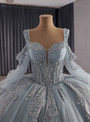 Gray Tulle Straps Long Sleeve Appliques Pearls Prom Dress