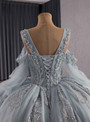 Gray Tulle Straps Long Sleeve Appliques Pearls Prom Dress