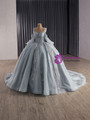 Gray Tulle Straps Long Sleeve Appliques Pearls Prom Dress